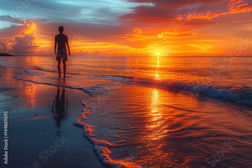 A person walking in shallow water reflecting the vibrant sunset
