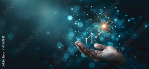 hand gently touches glowing upward trend line symbolizing success business and vision concept