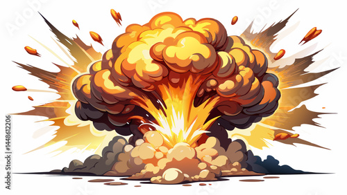 VFX explosion with thunderous realism and power.
Smoke billows and fire climbs skyward.
The white background intensifies the blast’s detail.
Ideal for scientific or cinematic vector designs.

