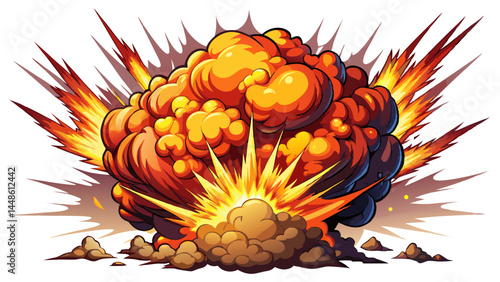 VFX explosion with thunderous realism and power.
Smoke billows and fire climbs skyward.
The white background intensifies the blast’s detail.
Ideal for scientific or cinematic vector designs.

