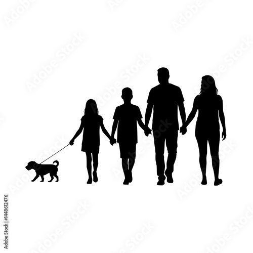 Happy Family Walking with Dog – Silhouette Vector of Parents and Children Holding Hands in Outdoor Togetherness