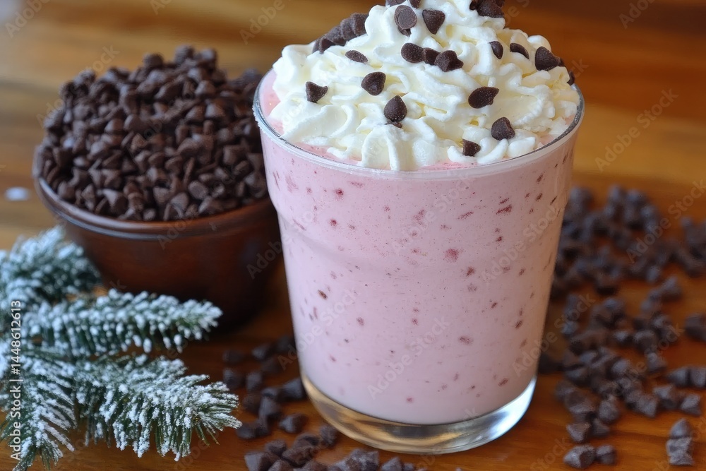 A pink smoothie topped with whipped cream and chocolate chips