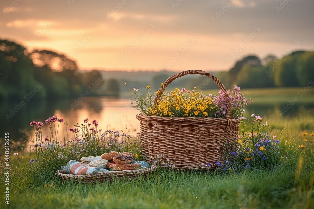 A picnic basket with flowers and food by the river