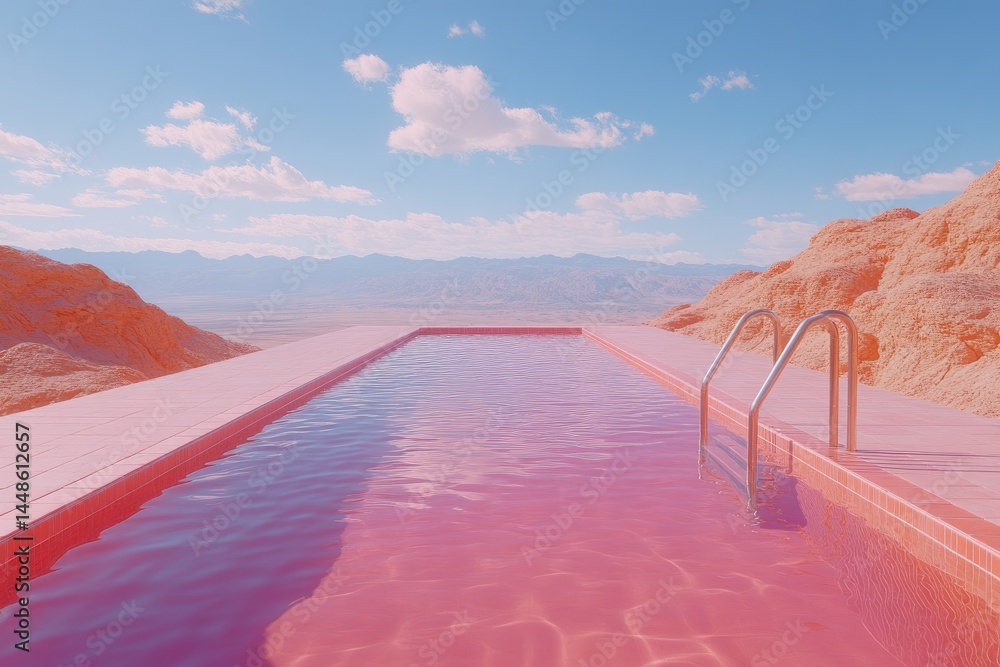 A pink swimming pool reflects the sky above the surrounding landscape