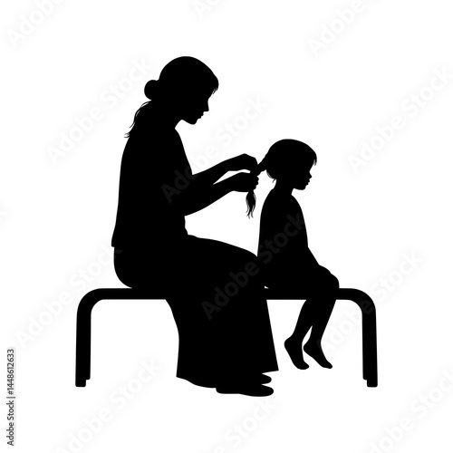 Tender Silhouette Moment: Mother Braiding Daughter's Hair on a Bench – A Quiet Outdoor Bonding of Love and Affection