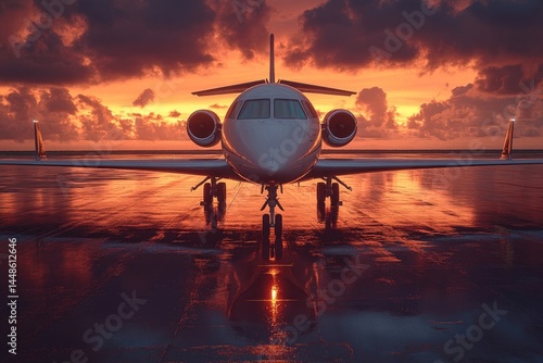 A private jet sits on the ground at sunset with reflections