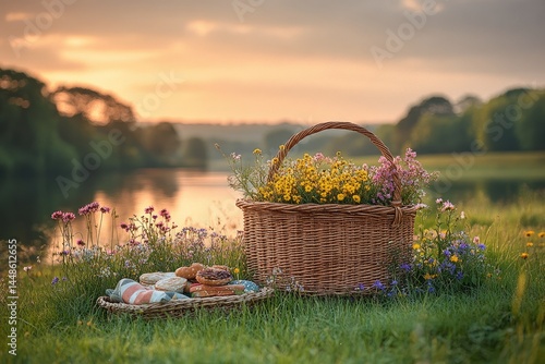 Obraz na płótnie A picnic basket with flowers and food by the river w salonie
