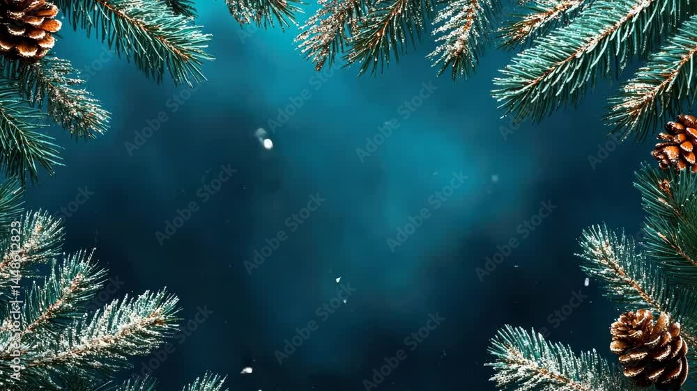 Pine branches with falling snowflakes in tranquil winter forest scene Pine branches with falling snowflakes in tranquil winter forest scene