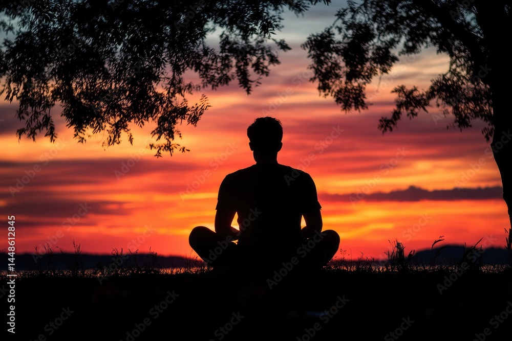 A person is meditating in a beautiful sunset landscape scene