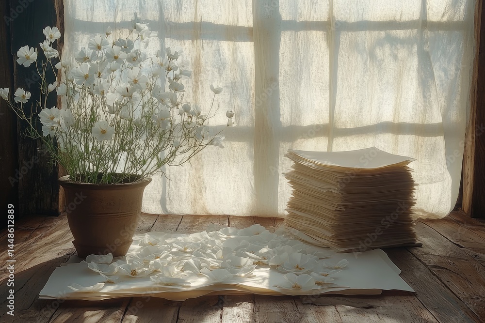 A pot of flowers and papers near a window