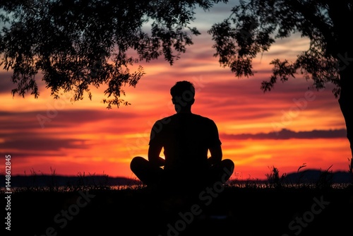 Obraz na płótnie A person is meditating in a beautiful sunset landscape scene w salonie