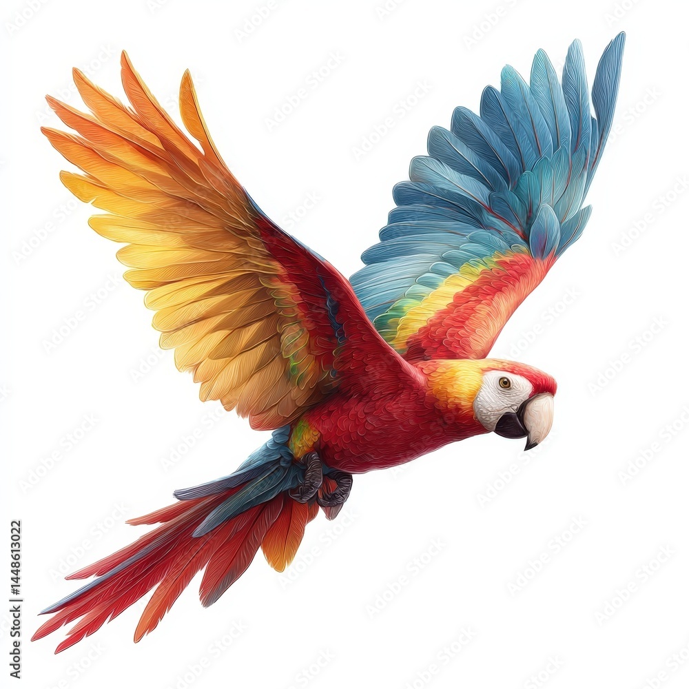 Obraz premium Scarlet Macaw in Flight Vibrant Tropical Bird Wings Spread Open Exotic Wildlife Detailed Illustration