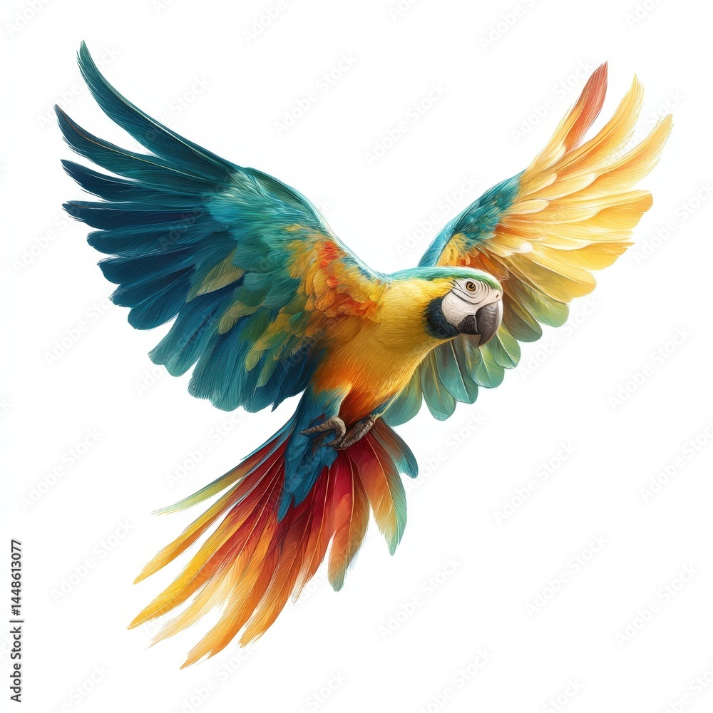 Fototapeta premium Vibrant Macaw in Flight A Stunning Colorful Parrot Soaring with Wings Spread Wide