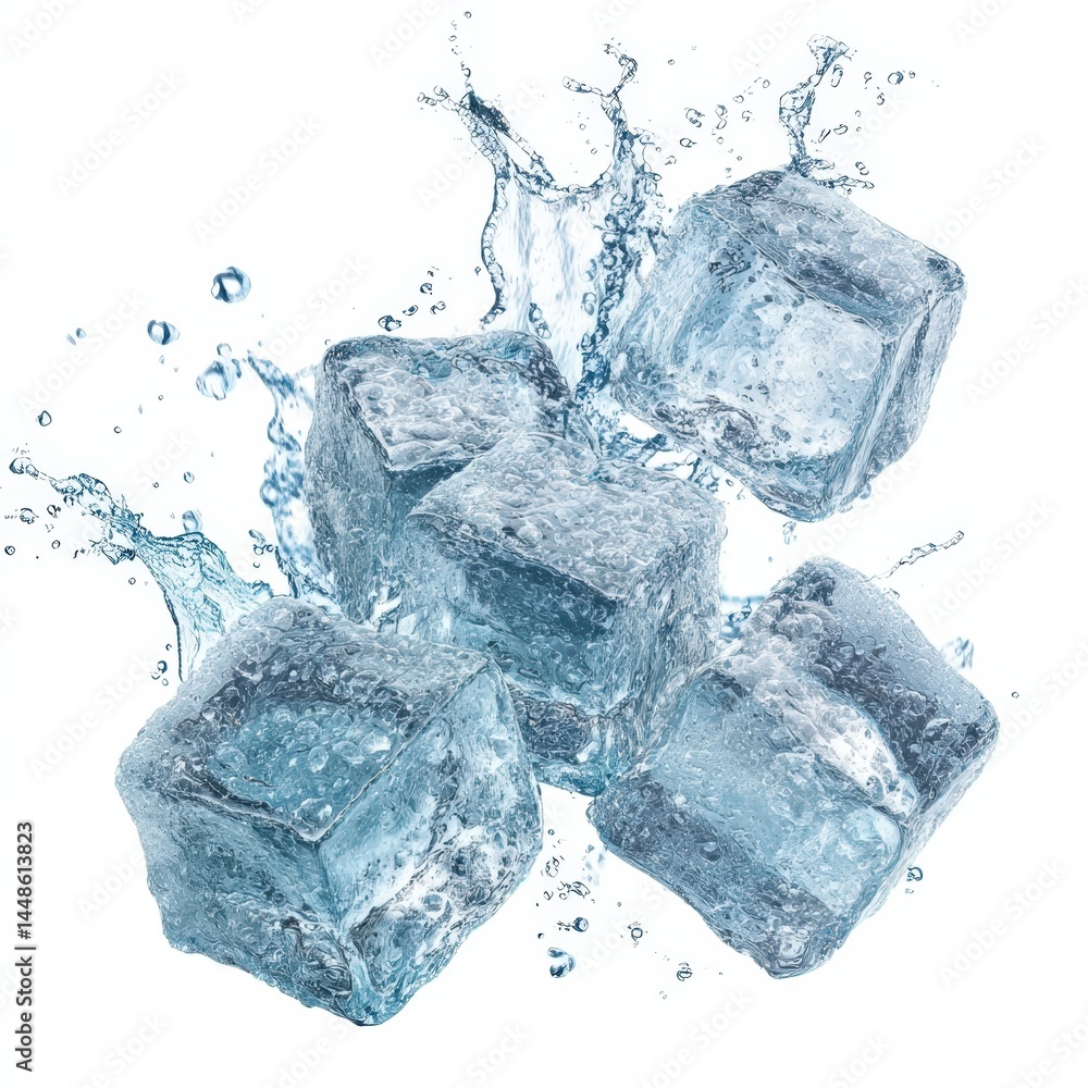 Obraz premium Refreshing Ice Cubes Splashing in Crystal Clear Water Perfect for Drinks Summer and Coolness
