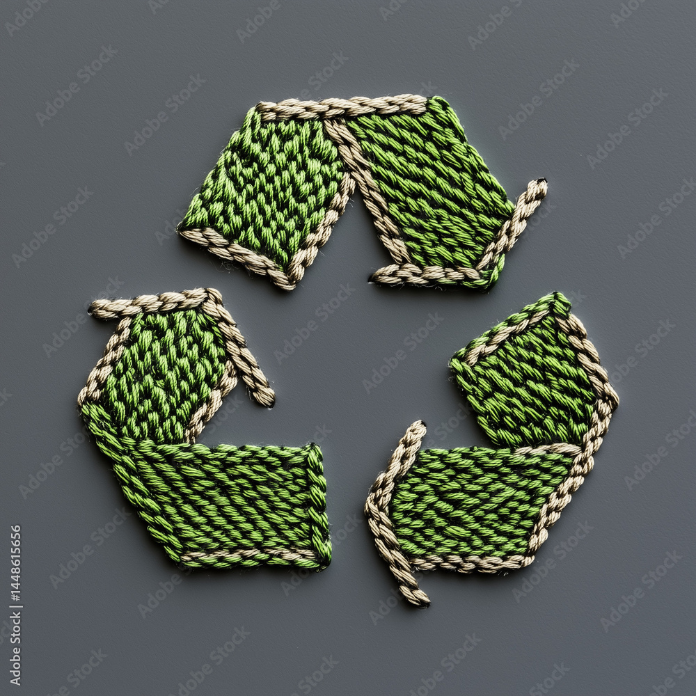 Símbolo de reciclagem verde com detalhes visíveis de costura e textura em linha. Ícone ecológico com aparência artesanal, ideal para temas de conservação e sustentabilidade ambiental