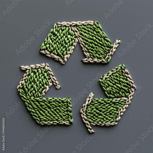 Obraz na płótnie Símbolo de reciclagem verde com detalhes visíveis de costura e textura em linha. Ícone ecológico com aparência artesanal, ideal para temas de conservação e sustentabilidade ambiental w salonie
