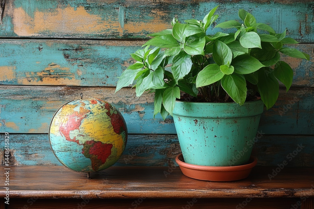 A potted plant and a globe sit on wooden table