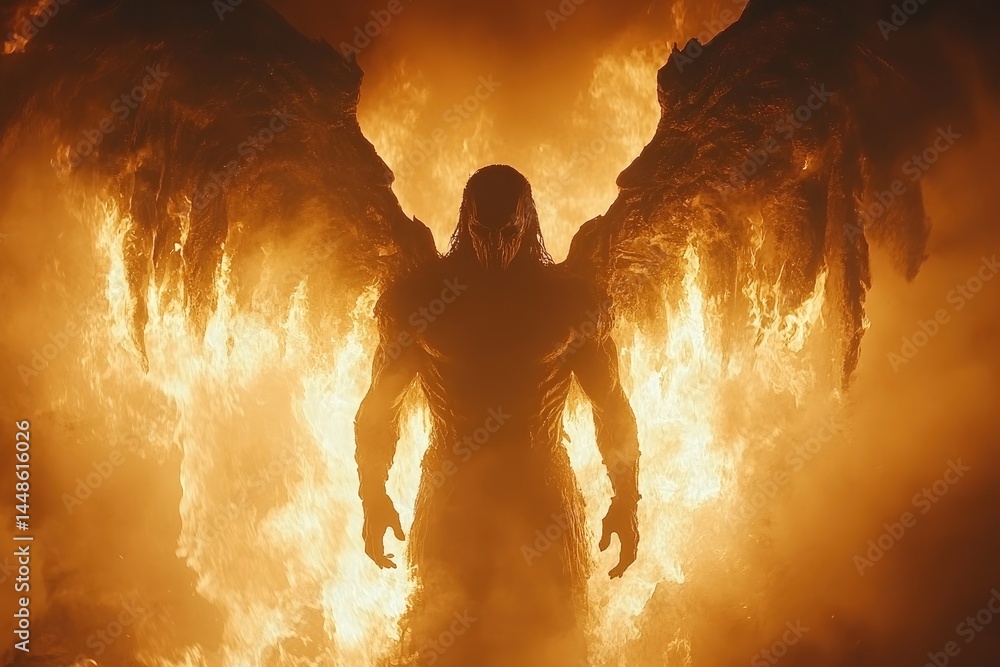 A powerful winged humanoid creature engulfed within an inferno of fire