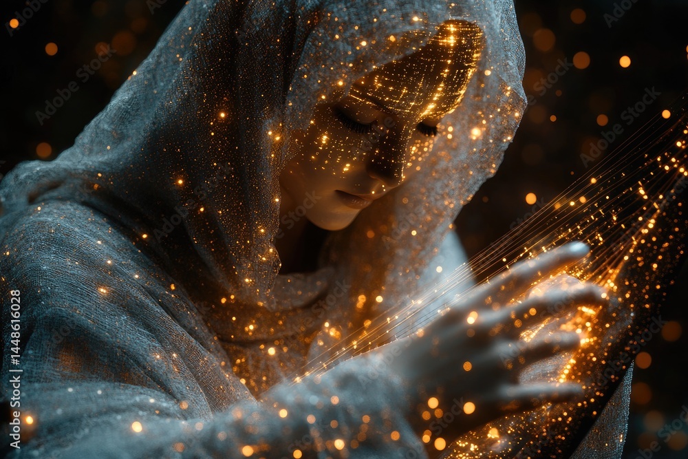 A person with glowing lights interacting with abstract energy