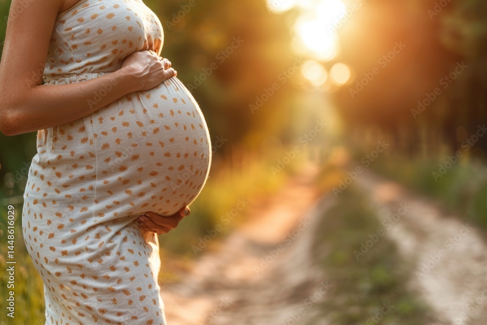 A pregnant woman stands outdoors in sunlit natural surroundings