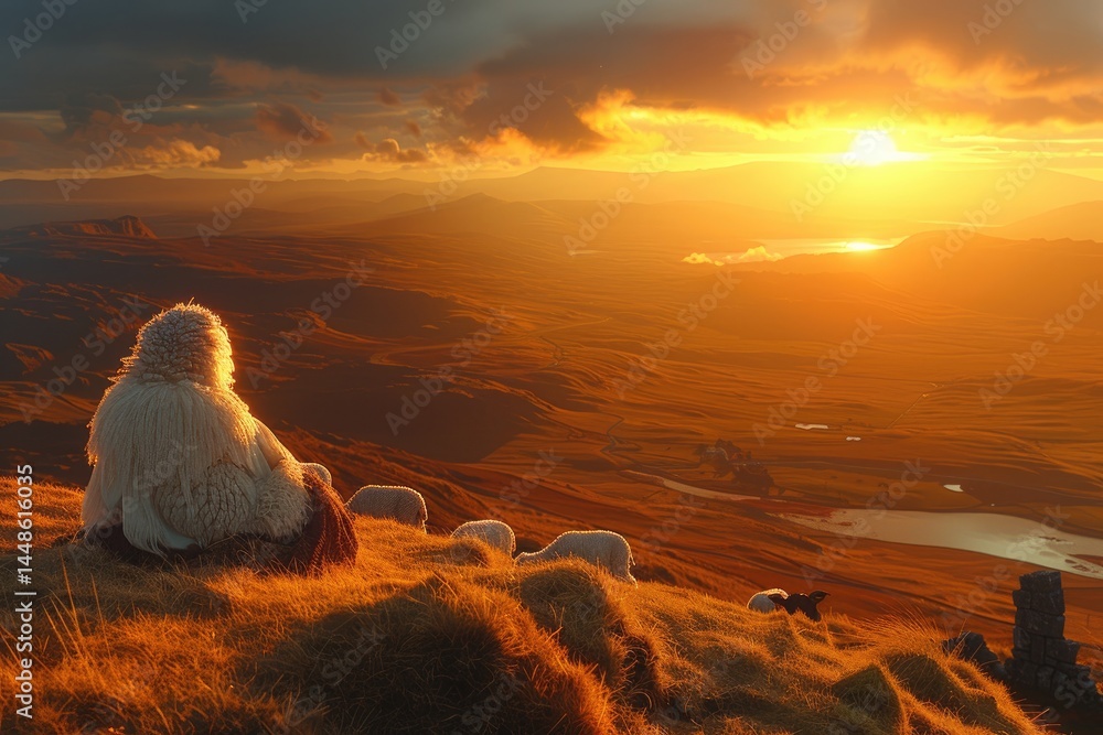 A person watches a sunset over a beautiful mountainous landscape