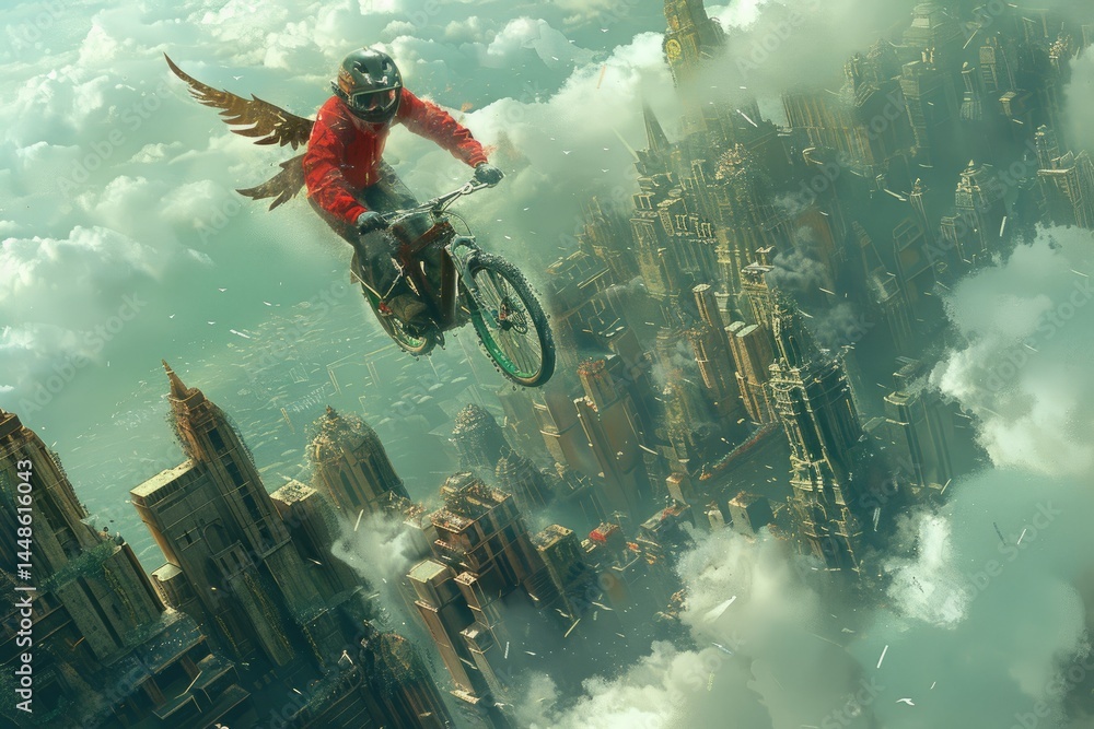 A person riding a bicycle through the skies with angel wings