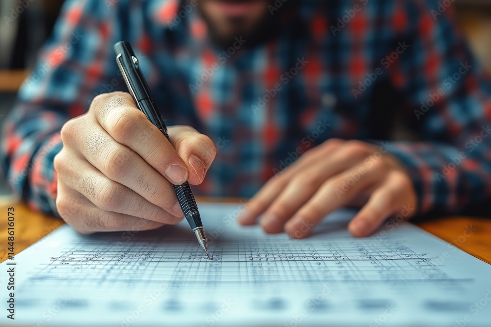 A person writing on a grid paper with a black pen