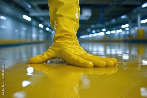 A person wearing protective gloves standing on a wet surface