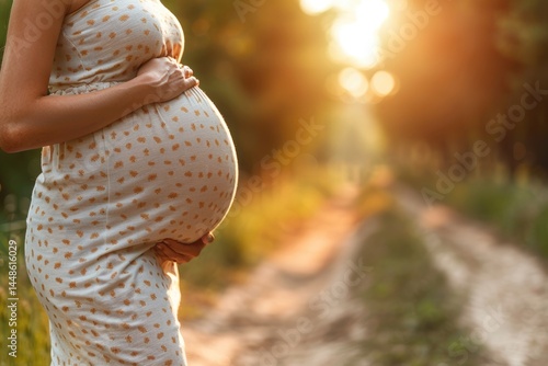 Obraz na płótnie A pregnant woman stands outdoors in sunlit natural surroundings w salonie