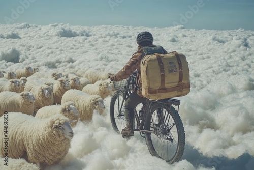 A person rides a bicycle through a cloudy environment with sheep
