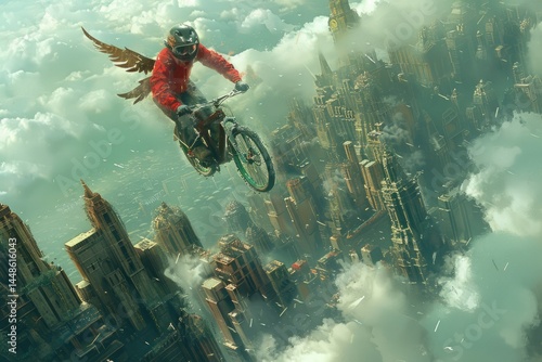 Obraz na płótnie A person riding a bicycle through the skies with angel wings w salonie