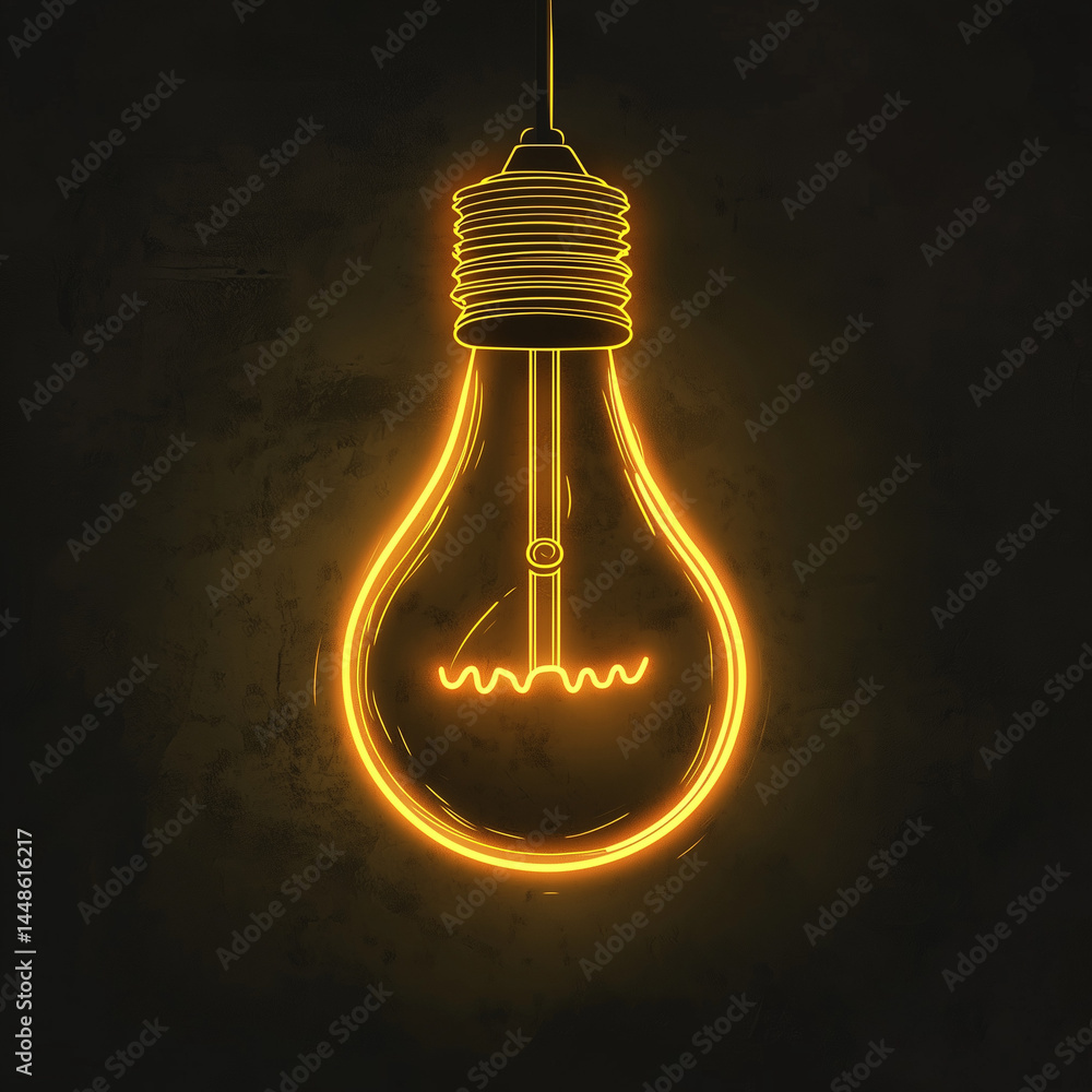 Desenho simples de linha representando uma lâmpada amarela brilhante com brilho suave em neon. Estilo minimalista, contorno limpo e fundo branco. Ilustração vetorial moderna e criativa