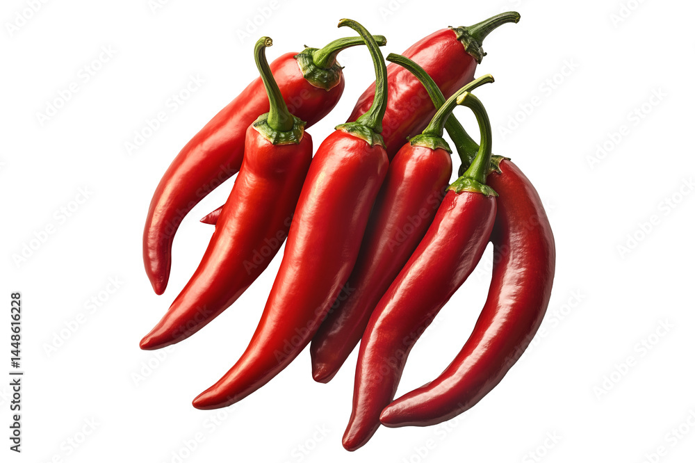 Fresh red chili peppers tied with string, isolated on a white transparent background. Spicy food and cooking ingredient concept Fresh red chili peppers tied with string, isolated on a white transparent background. Spicy food and cooking ingredient concept
