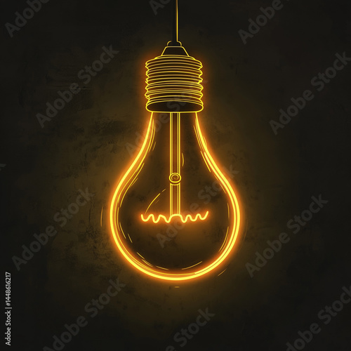 Obraz na płótnie Desenho simples de linha representando uma lâmpada amarela brilhante com brilho suave em neon. Estilo minimalista, contorno limpo e fundo branco. Ilustração vetorial moderna e criativa w salonie