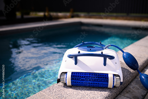 Blue and white robotic vacuum cleaner for cleaning the walls and bottom of the pool and filtering water stands on the curbstone of the pool. Close-up. Relaxation in the backyard of a country house