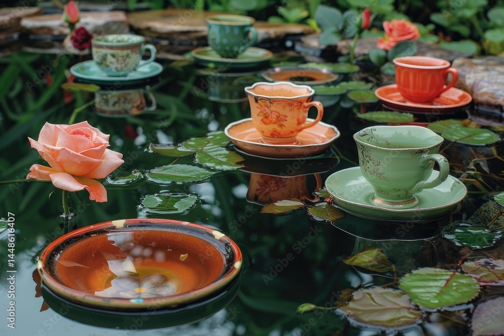 A pond scene featuring teacups saucers and blooming roses