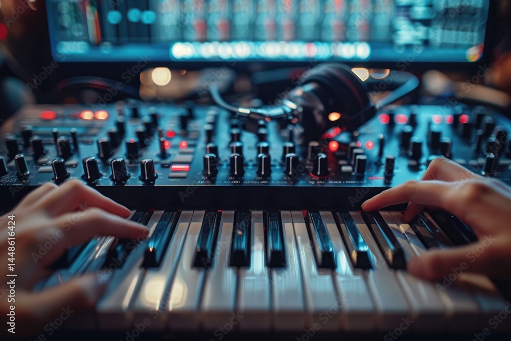 A persons hands playing a musical keyboard instrument with lights present