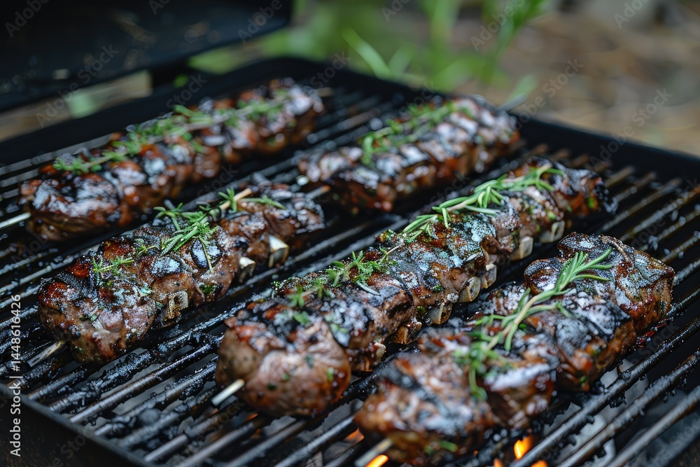 Appetizing grilled skewers with fresh herbs on hot barbecue grates