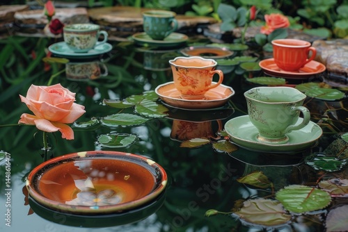 Obraz na płótnie A pond scene featuring teacups saucers and blooming roses w salonie