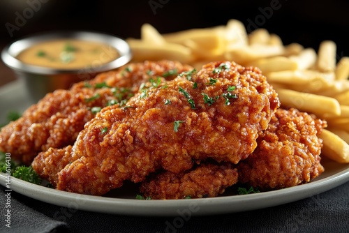 A plate of crispy fried chicken tenders and french fries