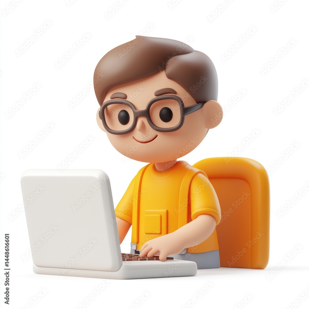 Cartoon boy working on a laptop computer. Cartoon boy working on a laptop computer.