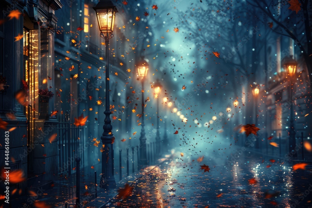A picturesque street at night with falling autumn leaves