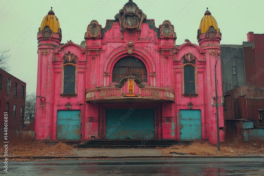 A Pink Abandoned Building Shows Significant Decay And Age