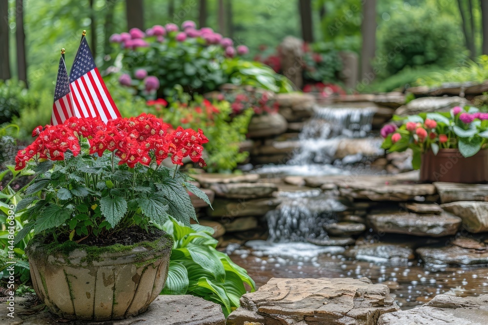 A Picturesque Garden Display Features Miniature Flags And A Waterfall