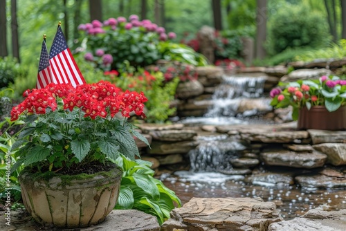 Obraz na płótnie A Picturesque Garden Display Features Miniature Flags And A Waterfall w salonie
