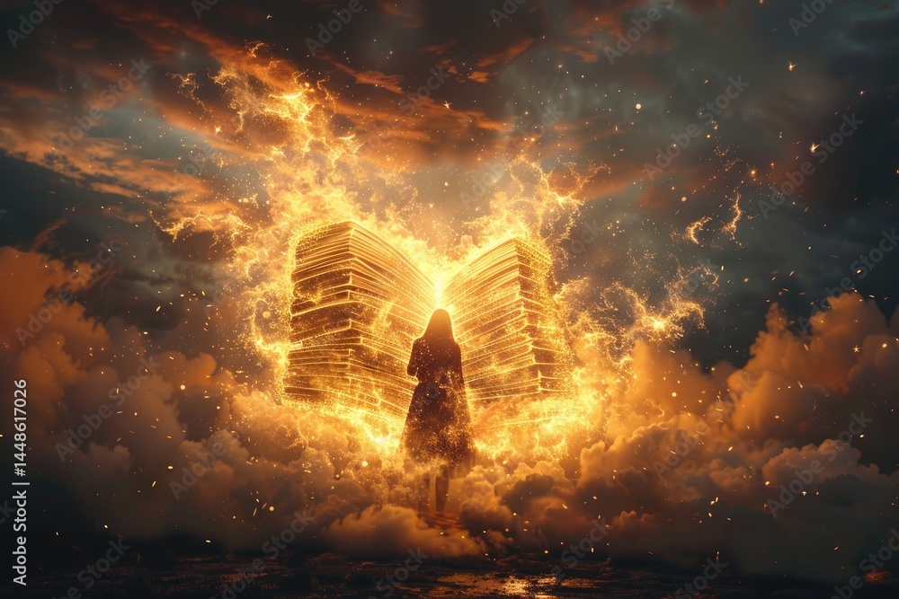 A person stands before a glowing open book in the sky