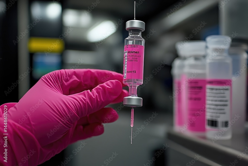 A person wearing gloves holds a vial containing liquid medication