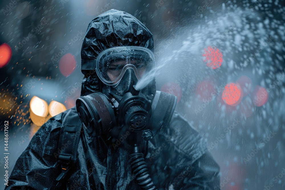 A person wearing protective gear is sprayed with water outside