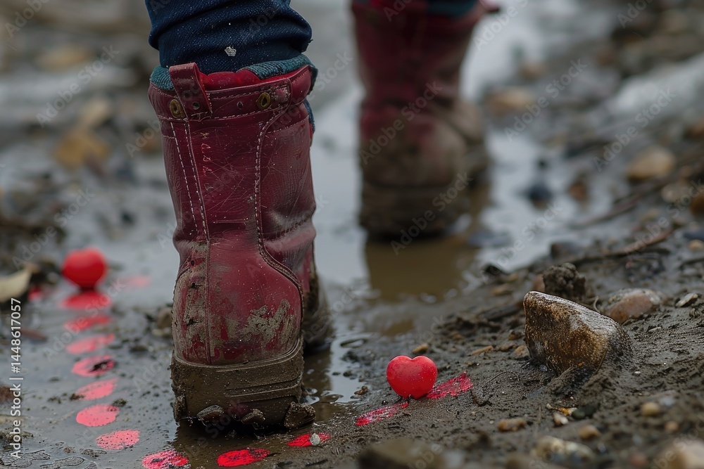 A person wearing boots walking in a muddy puddle outside