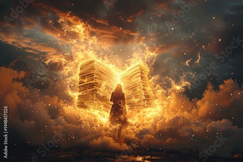 Obraz na płótnie A person stands before a glowing open book in the sky w salonie